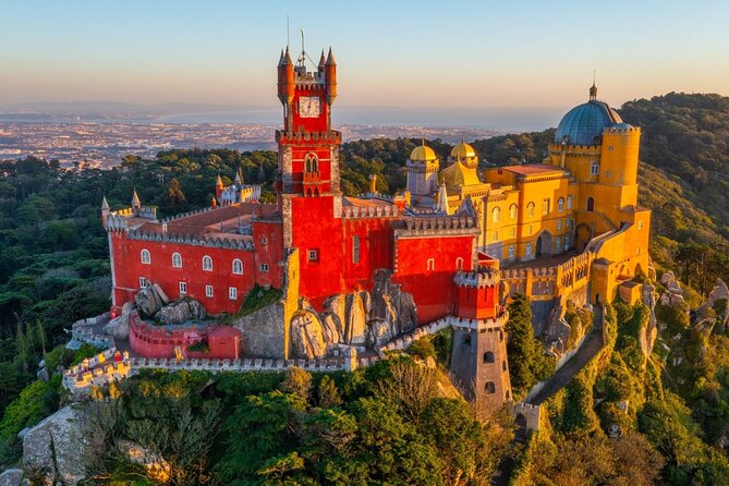 Group Tour to Sintra, Pena, Regaleira, Cabo da Roca & Cascais - Pena Palace, color, and hilltop views